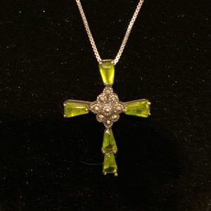 Vintage Peridot and Marcasite Sterling Silver Cross Necklace